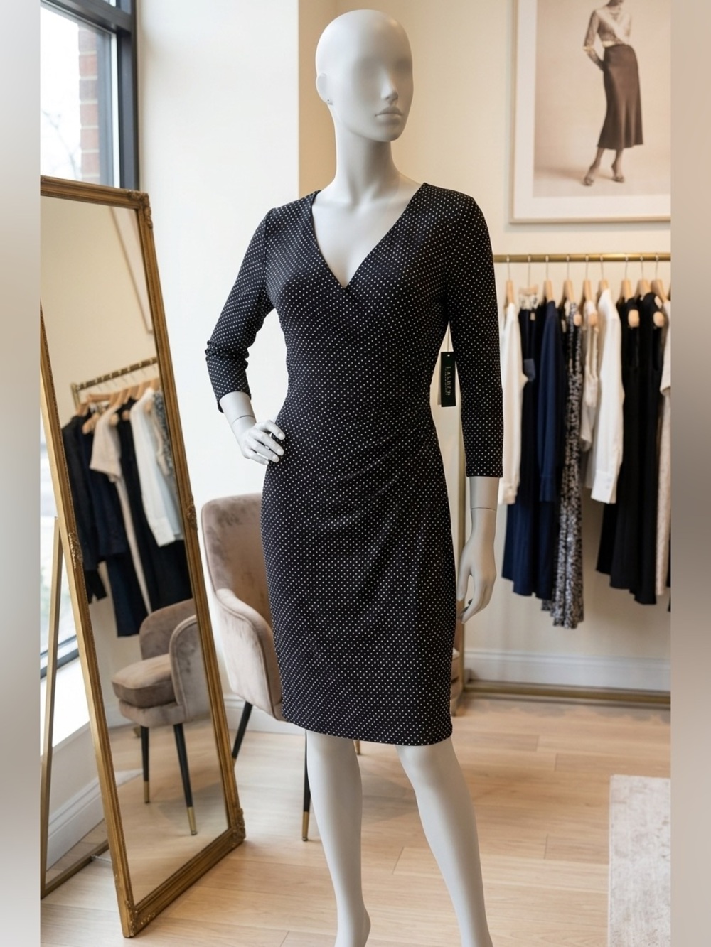 Lauren Ralph Lauren Black Polka Dot Faux Wrap Sheath Dress Size 14 | 3/4 Sleeve